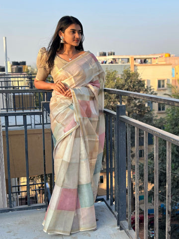 Pink Pastel Blocks Radiant Satin Saree CSB1 Geetha Creation